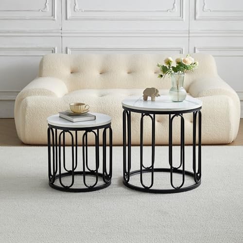 VASOENY Nesting Couchtisch 2er Set, Runde MDF Couchtische mit Metallrahmen, Marmor Center Tisch für Wohnzimmer, Büro