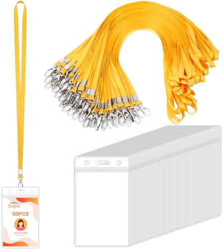 Segus Lanyard mit Kartenhülle, 50 Stück Wasserdichte Kartenhülle mit Band, Kartenhalter mit Band, Scheckkartenhülle Transparent, für Lehrer, Studenten, Mitabeiter (Gelb, Vertikale)