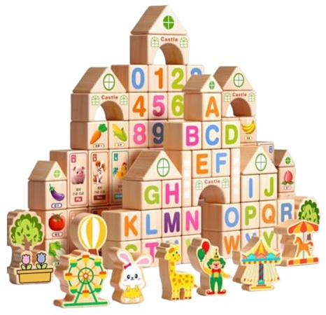 MotiveTech 100 Holzbausteine, Sensorisches Lernspielzeug, Buchstaben, Zahlen Und Formen, Vorschulspiel für Kinder, Geschenke, Beutelverpackung