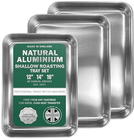Samuel Groves Professional Aluminium Baking Tray - Made in England - Non-Toxic Natural Uncoated Aluminium Oven Tray - Superior Heat Conductor, Warp-Resistant (Shallow Roasting Tray, 3 Piece Set)