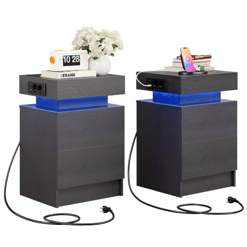 IRONCK Nachttisch 2er Set, Nachtschrank mit LED-Beleuchtung | Beistelltisch mit Ladefunktion, Steckdosen, USB & USB-C, 2 Schubladen, Kommode für Schlafzimmer Wohnzimmer, 35×40×60 cm, Grau