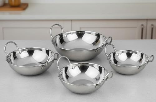 SuperGift.com Stainless Steel Balti Bowl, 18cm Serving Dish for Curries, Rice and Accompaniments, Sturdy Metal Bowl (4)