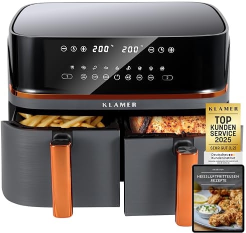 KLAMER Heißluftfritteuse Duo 9 L, beide Körbe werden gleichzeitig fertig | 2 Kammern mit je eigenem Timer, Temperatur und Programm. Match kopiert Einstellungen, Sync stimmt die Fächer zeitlich ab