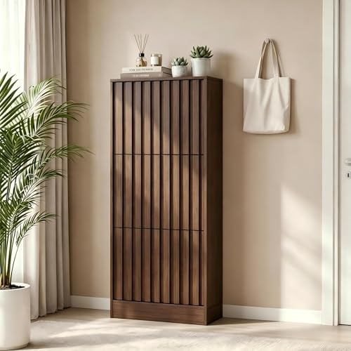 UEV Schuhschrank mit 3 Klappen Holz, Schuhregal Schmal (Dunkelbraun) | Schuhkipper mit Kippschutz & verstellbaren Trennwände für Flur Eingang Wohnzimmer, Schuhkommode Flurkommode 60x24x122cm