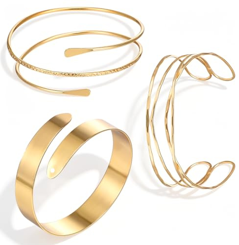 HaiFafafaing 3 Stück Armreifen Gold Oberarmreif für Damen Goldarmreifen | Schmale Armreifen und Minimalistisch Boho Punk Griechische Armband Wickelarmband Damen