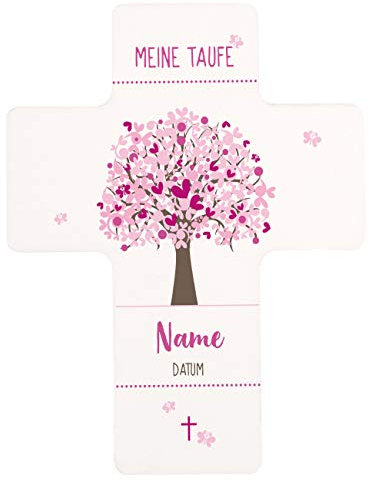 Striefchen® Kreuz zur Taufe mit dem Namen des Kindes und dem Taufdatum bedruckt Lebensbaum Rosa
