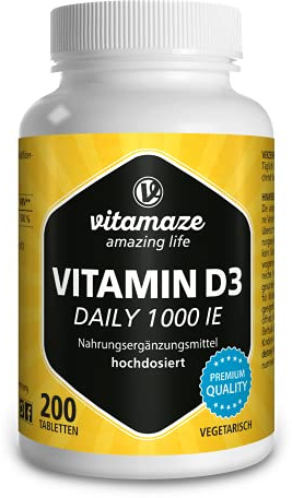 Vitamin D3 1000 IE hochdosiert & vegetarisch, 200 Tabletten zur Dauerversorgung, 25 mcg reines Cholecalciferol, Natürliche Nahrungsergänzung ohne Zusatzstoffe, Made in Germany