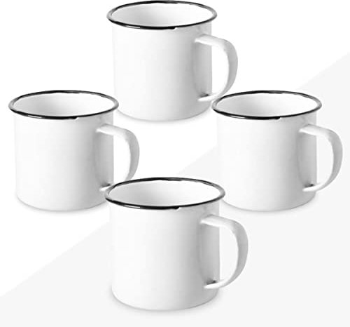 FUN FAN LINE - Set di tazze smaltate 350ml caffè/tè/calde/fredde, Tazze vintage da campeggio, picnic o viaggio, Design retrò colori pieni, Leggero, portatile e resistente. (Bianco, 4 tazze)