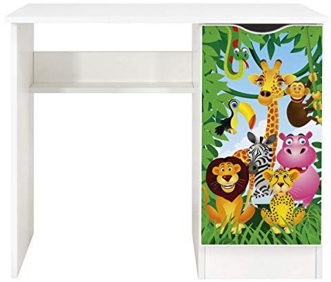 Leomark Weiß Kinderschreibtisch - Roma - Gemütlich Schreibtisch für Kinder mit Regal, Computertisch, Möbel für Kinderzimmer, Höhe: 77 cm (Tiere)