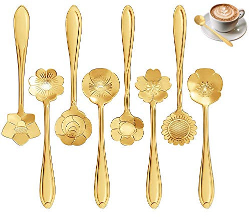 FANSEZQ Ensemble de cuillères à Fleurs 8 Formes cuillère à café en Acier Inoxydable cuillère à café Vaisselle créative, cuillère Mixte cuillère à Sucre cuillère à Glace 12,5 cm(doré)