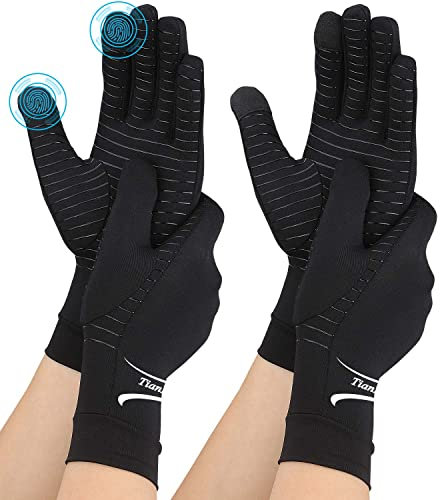 2 Pairs Copper Arthritis Gloves for Hand Pain, Full Finger Compression Gloves for Men Women, Relieve Swelling, Carpal Tunnel, Support Wrist and Joint for Crocheting, RSI (Touch Screen, Medium)