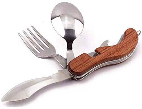 4-in-1 Camping Tableware Utensils, Portable & Detachable Stainless Steel Spoon Fork Knife & Bottle Opener Combo Set - Travel, Backpacking Cutlery Multitool