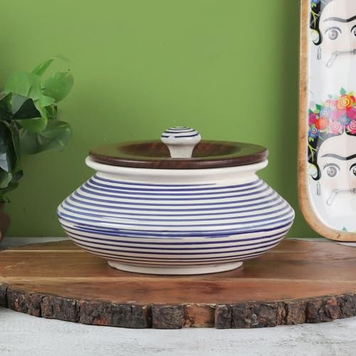 VarEesha Hand Painted Parikrama Blue Spiral Large Ceramic Handi|Stoneware Handi for Serving Biryani, Dal, Curries| Rice Pot| Dahi Handi| Microwave and Dishwasher Safe Serving Bowl with Lid|1000 ML
