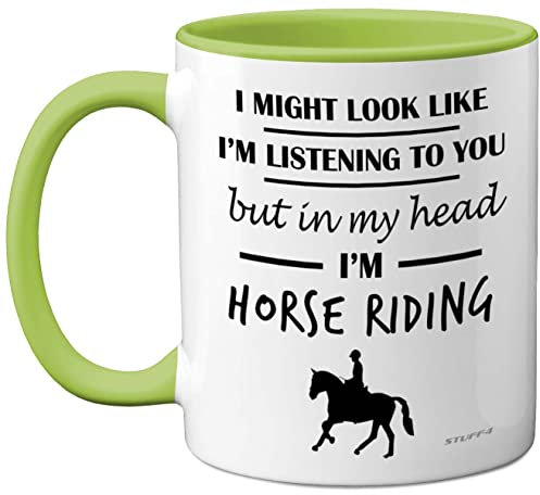 Stuff4 Horse Gifts for Women Men - in My Head I'm Riding - Gifts for Horse Lovers, Riders, Girls 11oz Ceramic Dishwasher Safe Green Handle Mug