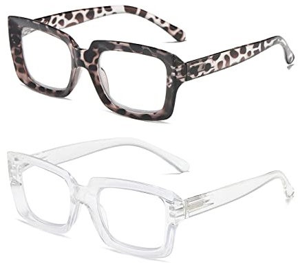 MMOWW 2-Pack Rechteckige Damen-Lesebrillen – übergroße Anti-Blaulicht-Brille Mit Quadratischem Rahmen (Weißer Leopard + Transparent, +2.5)