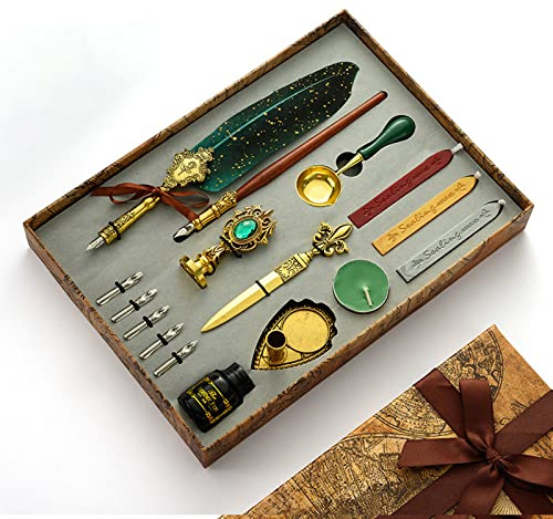 Joyeee Antique Feather Pen Set, with Craft Decoration Pen, Wood Dip Pen, Metal Spoon, Wax Seal Sticks, Ink, Candle, Pen Nibs, Pen Nib Holder, Wax Seal Kit for Wedding Invitation Card #88