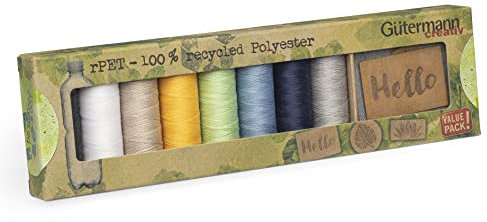 Gütermann creativ Nähfaden-Set rPET mit 8 Spulen Allesnäher 100 m aus 100 % recyceltem Polyester + 3 DORTEX Label. FloraPap – die nachhaltigen und veganen Labels, bunt (734588)