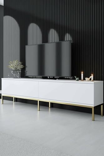 Dmora - Fernsehschrank Regulus, Ständer für Wohnzimmerfernseher, Niedriges Wohnzimmer-Sideboard, TV-Ständerbasis, 180x30h47 cm, Weiß und Gold
