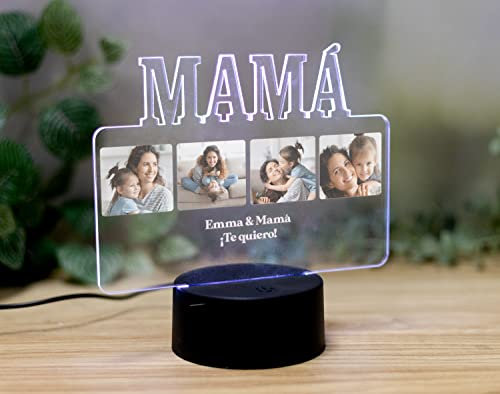 Lámpara de metacrilato Personalizada Mamá 20x17 cm con Fotos y Textos de Base Redonda Negra con Luces de Varios Colores de Cable USB como Regalo Original para el Día de la Madre