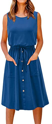 Jeanskleid für Damen – Frauen Urlaub Rundhalsausschnitt Hosenträger Knopf Tasche Kleid Sommer Strand Kleid mittellang Minirock Plissee Elastische Taille, blau, Medium