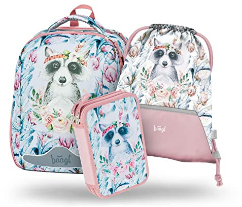 Baagl Schulranzen Mädchen Set 3 Teilig, Shelly Hartschalen Schultasche ab 1. Klasse, Ergonomische Grundschule Ranzen mit Brustgurt (Waschbär)