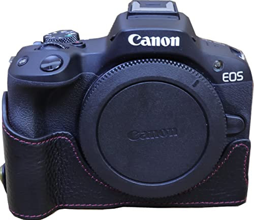 R50 Camera Case, Zakao Genuine Real Leather Half Bottom Opening Version Holster Camera Case with Hand Strap Protective Cover Bag Case for Canon Eos R50 (Black)