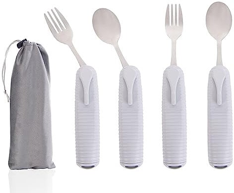 Pekokavo Adaptives Utensilien-Set, winkelverstellbar, Arthritis-Hilfe, Besteck für Parkinson, Handzittern, mit rutschfestem Griff (4 Stück (2 Löffel + 2 Gabel))