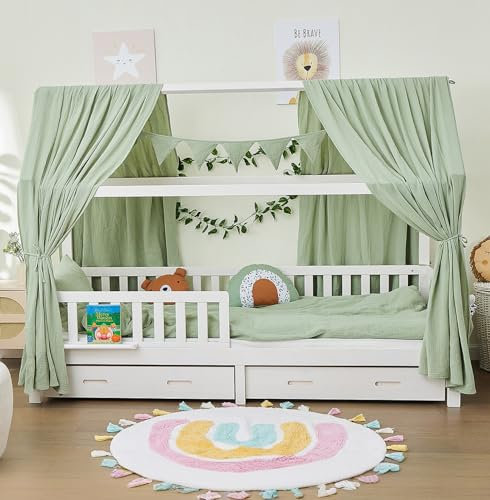 ALAVYA HOME® Hausbett 90x200 I KOMPLETT Set mit Musselin DEKO und Vorhang I Kinderbett 90x200 cm mit Schubladen inkl. Matratze I GOTS Zertifiziert I Massivholzbett mit Rausfallschutz und Lattenrost
