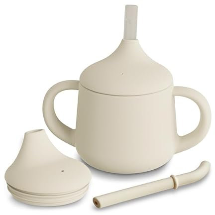 Moonkie Tasse Apprentissage Bebe 3 Etapes, Verre Bebe Apprentissage Anti Fuite, Gobelet Paille Bebe Silicone,Tasse a Bec Bebe,Tasse Bébé avec Poignées et Paille,Adapté au Lave Vaisselle 4 oz(Ivoire)