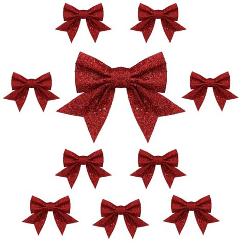 Topways 10PCS Christmas Bow Decorations, Red Bows for Christmas Tree, Sequin Bow Ties, Xmas Decorative Bows Ornaments for Home Christmas Party 6.7in (Red)
