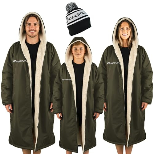 Optimum Sport Oversized Waterproof Jacket & Changing Robe with Bobble Hat – Keeps Adults & Kids Warm, Dry & Comfortable with Sherpa Fleece Lining, Zip Pockets & Wind-Resistant Hood – XS, Khaki