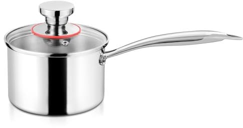 Herogo Saucepan 14cm, 1L Stainless Steel Milk Pan with Lid, Triple-Layer Sauce Pan with Ergonomic Handle, Induction Cooking Pan for Kitchen & Restaurant, Easy to Clean