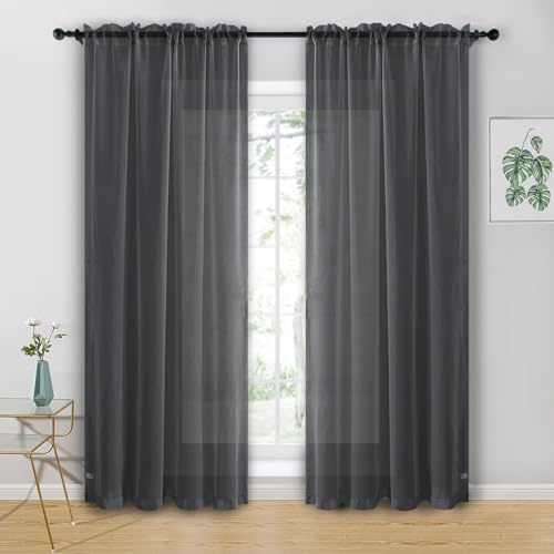 Hiasan Voile Net Curtains Semi-Transparent, 55 X 90 Inch, Dark Grey | Sheer Light Filtering， Rod Pocket Lightweight， Windows for Bedroom Living Room Nursery, 2 Panels