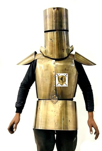 HISTORIC HANDICRAFT Stahl-Tempel-Kreuzritterhelm, Brustpanzer-Jacke, Kürass & Paar Schulterstücke – Ritter Cosplay Antik-Messing Mittelalter-Kostüm für Larp Halloween