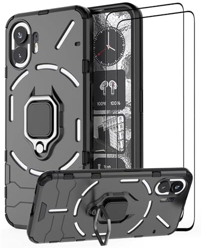 DERHAN Hülle für Nothing Phone (2), Panzerhülle mit Ring Halter + Schutzfilm [2 Stück], Handy Hüllen Stoßfest Schutzhülle, Handyhülle mit Ständer - Schwarz