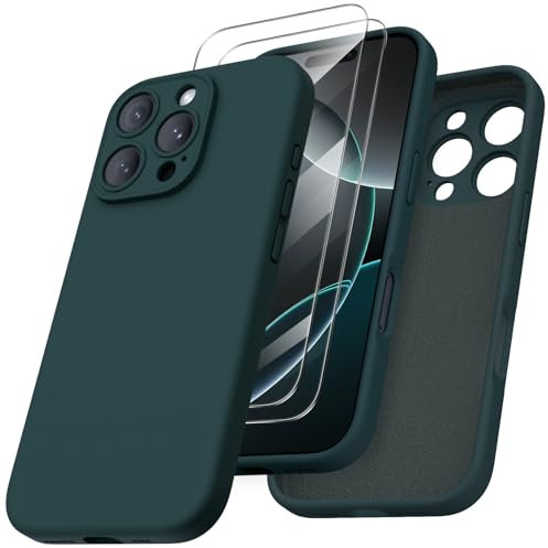 ORNARTO Cover per iPhone 16 Pro Silicone 6.3 Pollici, con 2 Pellicola Vetro Temperato, Morbido Silicone Liquido Protezione, Antiurto Ultra-Sottile Protezione Custodia iPhone 16 Pro-Verde Oliva