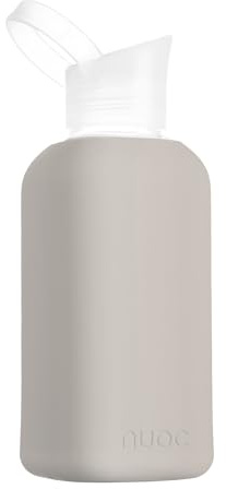NUOC Botella de agua cristal, Botella de agua reutilizable, Botella de cristal con funda de silicona, bebidas Frías y Calientes, sin BPA (Beige, 500 ml)