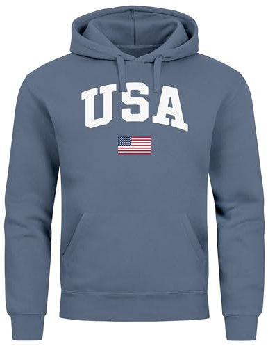 Neverless® Hoodie Herren USA Schriftzug College Retro US Flagge Amerika Front-Print Aufdruck Motiv Fashion Streetstyle Indigo Blue L