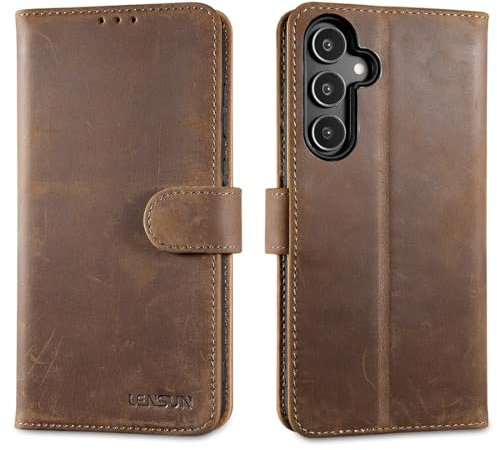 LENSUN Lederhülle für Samsung Galaxy A55, Echtleder Hülle [Echtes Leder][Kartenfach][RFID Schutz][Brieftasche] Flip Handyhülle Handytasche für Galaxy A55 5G - Vintage Dunkelbraun