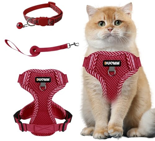 Muecleao Katzengeschirr mit Leine Ausbruchsicher, Katzenleine mit Geschirr für Katzen, Verstellbares Katzengeschirr Katzenhalsband mit Reflektierenden Streifen für Outdoor Training Gehen (Rot, S)
