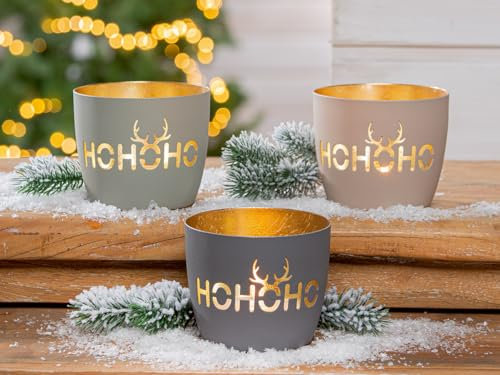 GILDE Windlicht, HoHoHo, Metall, anthrazitfarben, beige, grau Sortiert, H. 8,5 cm, D. 10 cm