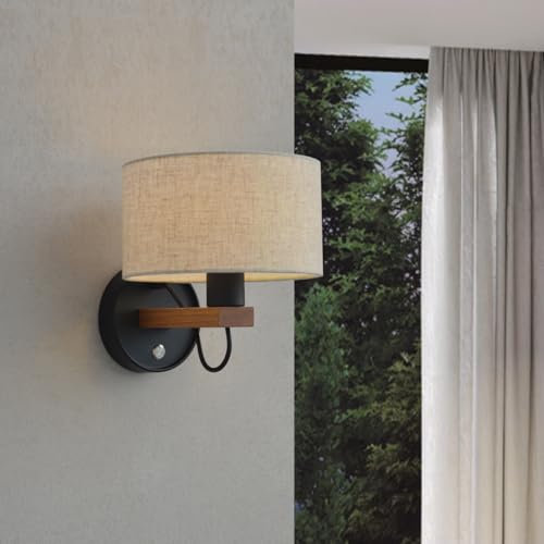 Wandlampe Schlafzimmer,Wandleuchte mit Schalter Holz mit Stoffschirm,E27 Lampenschirm Vintage,Modern Innen Wall Sconce für Flur,Bett,Wohnzimmer,Treppenhaus,Gästezimmer,Nachttischlampe Wand,1pcs