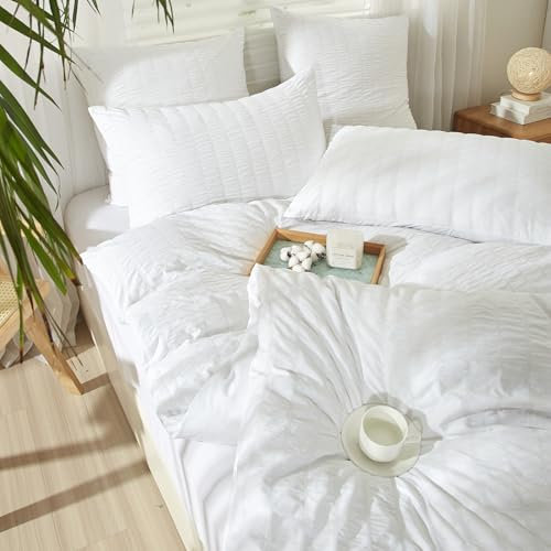 YASMENG Seersucker Housse de Couette 240x260 Blanc Rayé Seersucker Parure de Lit Doux Douillet Respirant Microfibre Linge de Lit 2 Personne Adulte avec Fermeture Éclair avec Taies d'oreiller 65x65 cm