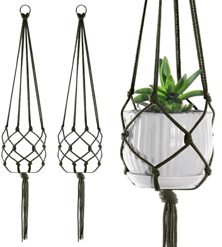 Lot de 2 grandes suspensions en macramé pour plantes d'intérieur et d'extérieur – Corde pour accrocher des pots de fleurs – 104 cm (vert-A)