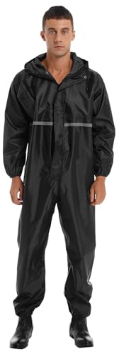renvena Men Work Overalls Waterproof Reflective Strip Jumpsuit Long Sleeve Hooded Raincoat Zipper Coveralls