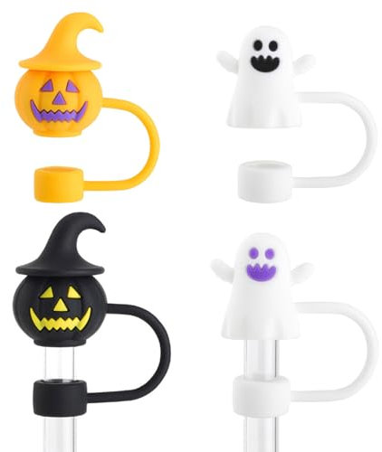 Pumpkin Ghost Straw Lid - Halloween Straw Cover Cap, 4.4cm Reusable Drinking Straw Cover - 4 Pc's Cute Silicone Dustproof Toppers for Festive Drinks, Ideal for Parties, Home Use, and Spooky Sipping