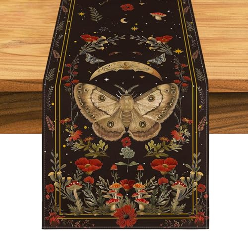 Tischläufer Herbst, 183 x 33 cm Tischläufer mit Mohnmotte Pilzmond, Tischläufers im Vintage Stil mit Pilz Motte, Tischdecke Herbst Läufer, Tischdekoration für Küche, Zuhause, Feiertagsparty
