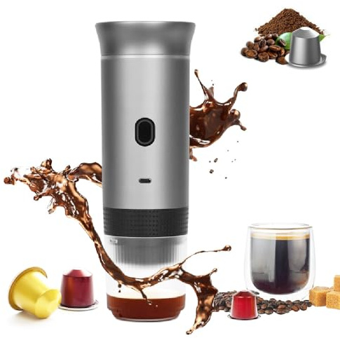 Cafetière portable, machine à expresso électrique portable pour voyage, cafetière de camping 3 en 1 pour capsules NS et café moulu, cafetière auto-chauffante rechargeable USB-C pour la randonnée, le
