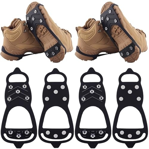 2 Pairs Ice Cleats for Shoes and Boots, Universal Non Slip Hiking Spikes, Micro Shoe Spikes for Snow and Ice, Durable Snow Crampons for Winter Hiking Climbing Ice Fishing, 8 Steel Studs Gripper Spike