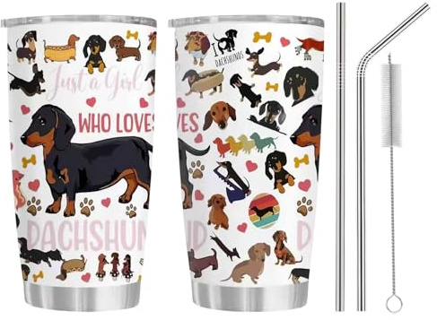 Leseogye Regalos de perro salchicha, taza de acero inoxidable, regalos para los amantes del perro salchicha, taza de acero inoxidable con tapa, paja y cepillo de pajita, taza térmica, regalos de